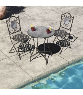 SET MESA Y 2 SILLAS JARDIN POGi METAL NEGRO CERAMICA IMITACION MADERA