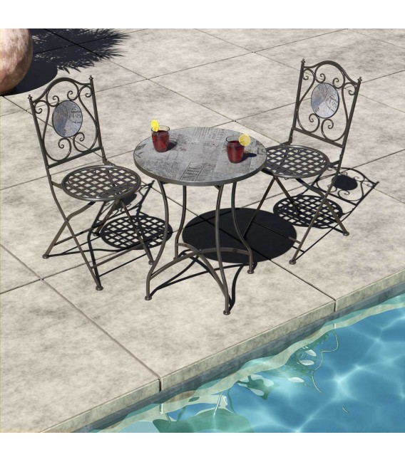 SET MESA Y 2 SILLAS JARDIN POGi METAL NEGRO CERAMICA IMITACION MADERA