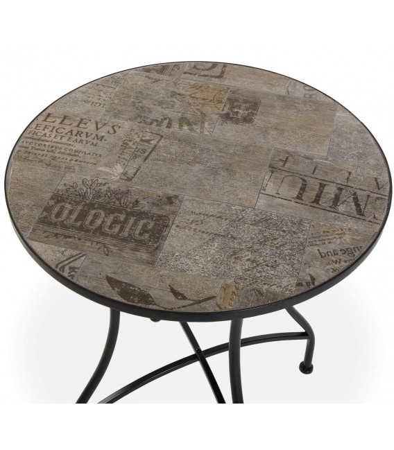 SET MESA Y 2 SILLAS JARDIN POGi METAL NEGRO CERAMICA IMITACION MADERA