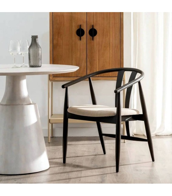SILLON COMEDOR MADERA ROBLE TEÑIDA DE NEGRO TEXTIL BEIGE