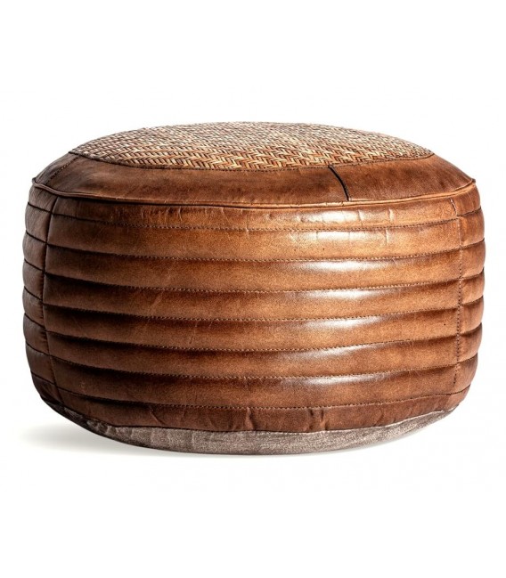 PUF REDONDO KROKON PIEL COLOR CAMEL RATAN NATURAL