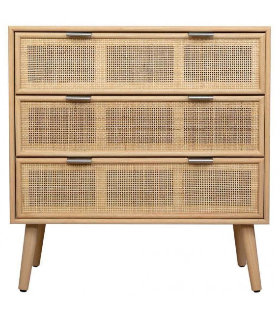 COMODA 3 CAJONES MADERA DE PAULONIA Y RATAN NATURAL