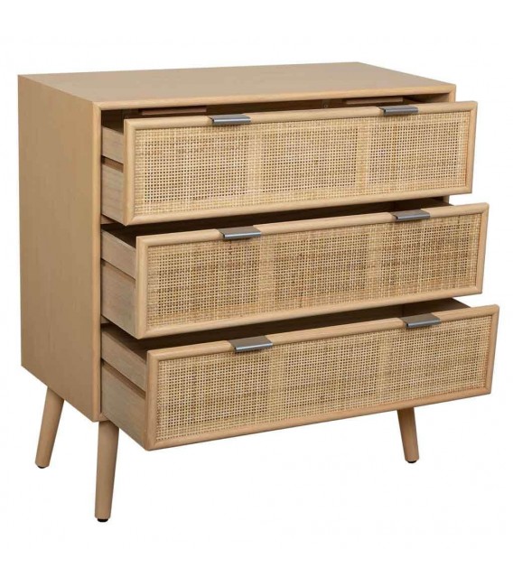 COMODA 3 CAJONES MADERA DE PAULONIA Y RATAN NATURAL