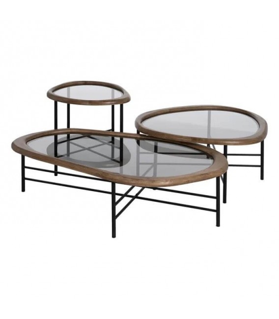 MESA DE CENTRO MADERA DE CAUCHO HIERRO Y CRISTAL MDMHOGAR
