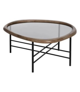 MESA DE CENTRO MADERA DE CAUCHO HIERRO Y CRISTAL MDMHOGAR