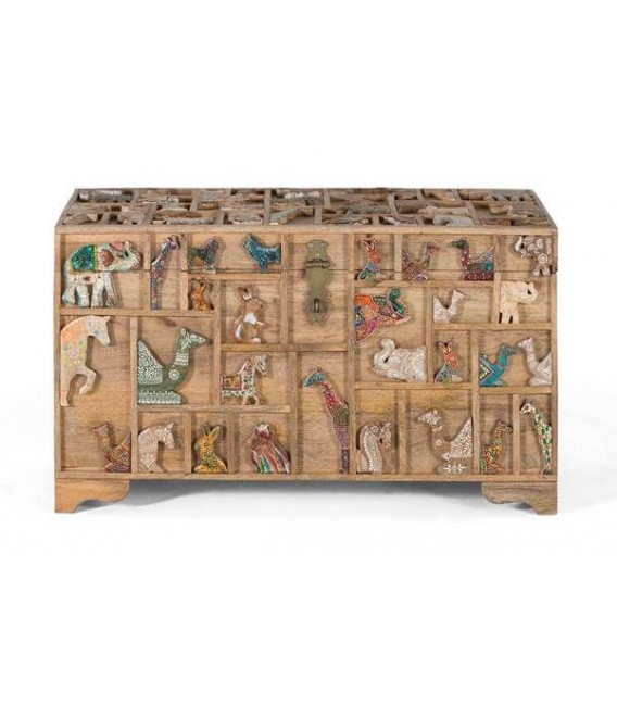 BAUL ORIGINAL MADERA NATURAL TALLADA ARTESANALMENTE PINTADA A MANO