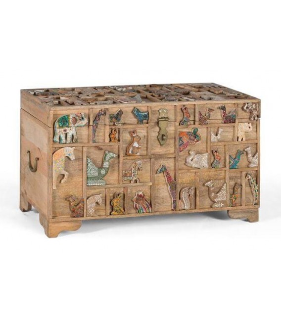 BAUL ORIGINAL MADERA NATURAL TALLADA ARTESANALMENTE PINTADA A MANO