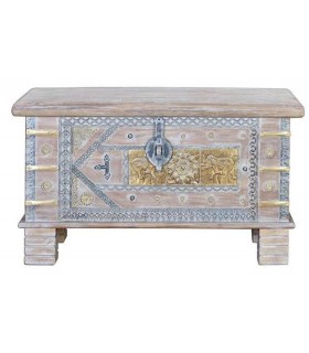 BAUL MADERA DE MANGO LAVADA EN BLANCO Y METAL DORADO Y NIQUEL