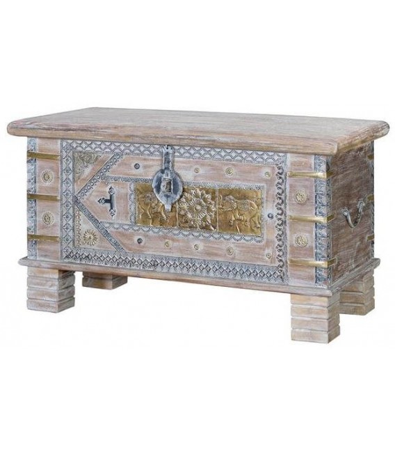 BAUL MADERA DE MANGO LAVADA EN BLANCO Y METAL DORADO Y NIQUEL