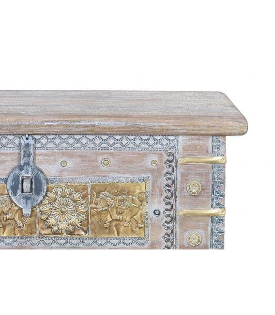 BAUL MADERA DE MANGO LAVADA EN BLANCO Y METAL DORADO Y NIQUEL
