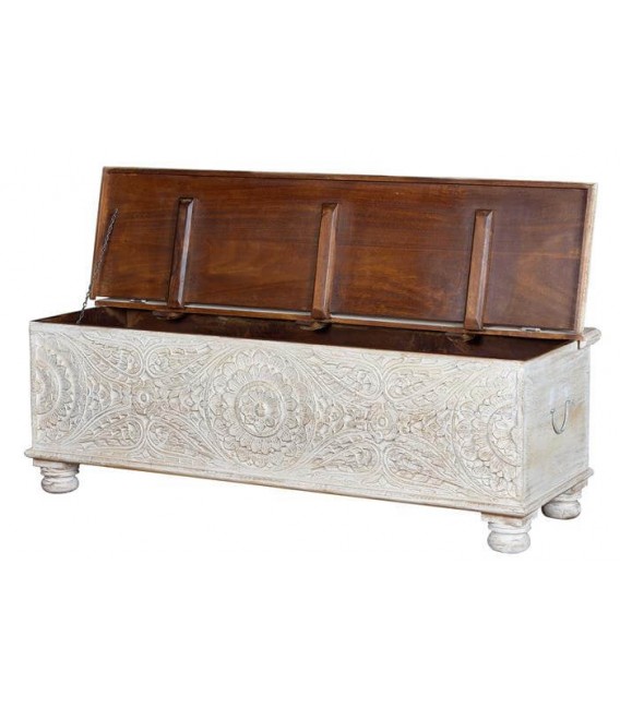 BAUL GRANDE MADERA DE MANGO TALLADA BLANCO ROZADO