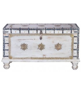 BAUL MADERA DE MANGO ACABADO BLANCO ROZADO APLICACIONES BRONCE