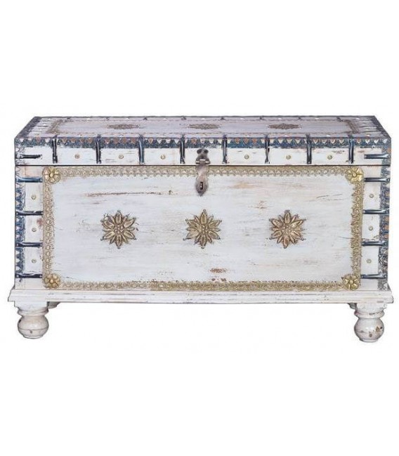 BAUL MADERA DE MANGO ACABADO BLANCO ROZADO APLICACIONES BRONCE