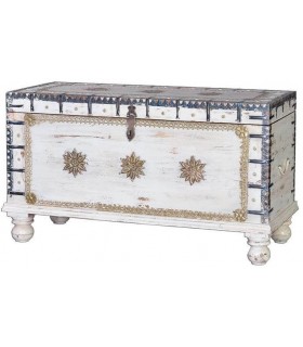 BAUL MADERA DE MANGO ACABADO BLANCO ROZADO APLICACIONES BRONCE