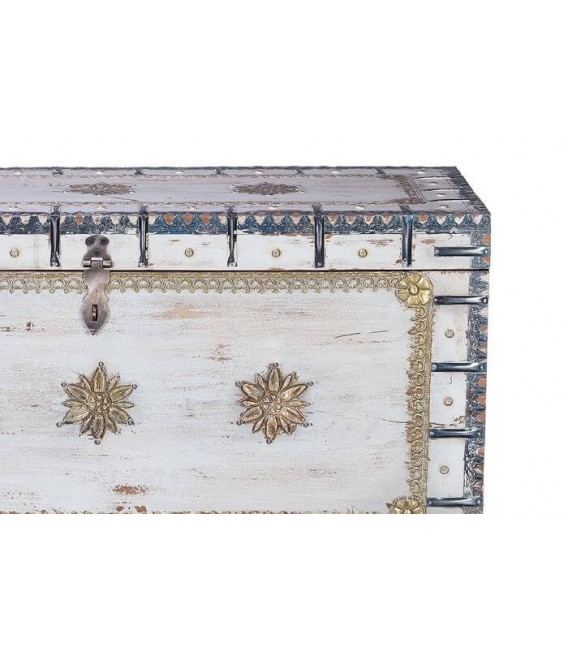 BAUL MADERA DE MANGO ACABADO BLANCO ROZADO APLICACIONES BRONCE