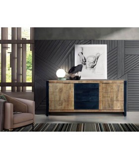 APARADOR 3 CAJONES 2 PUERTAS MADERA DE MANGO NATURAL METAL NEGRO