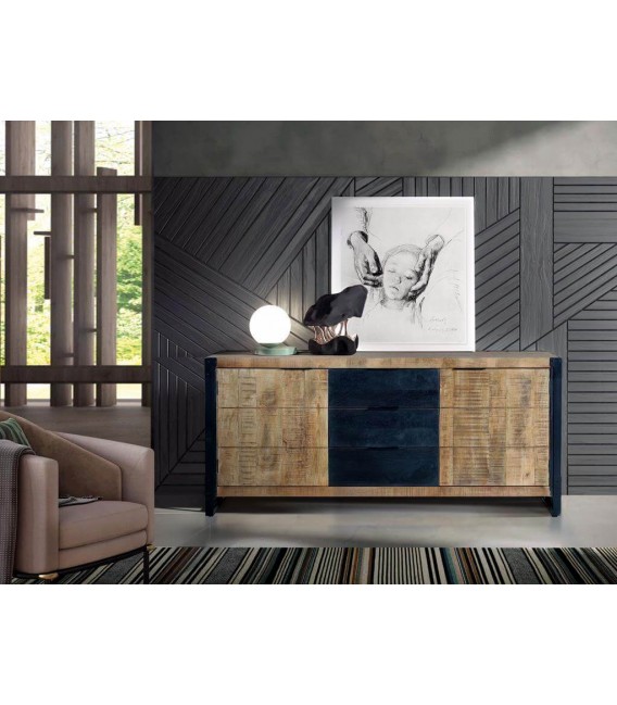 APARADOR 3 CAJONES 2 PUERTAS MADERA DE MANGO NATURAL METAL NEGRO