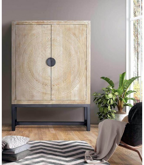 ARMARIO 1ALACENA MADERA NATURAL TALLADA METAL NEGRO