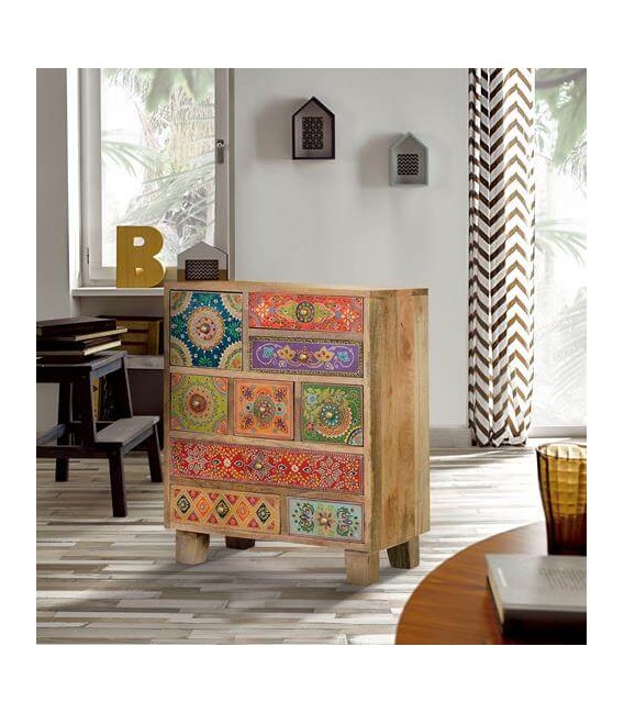 MESITA DE NOCHE GRANDE MADERA MANGO DETALLES PINTADOS A MANO