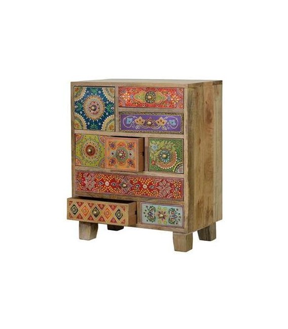 MESITA DE NOCHE GRANDE MADERA MANGO DETALLES PINTADOS A MANO