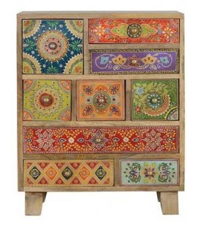 MESITA DE NOCHE GRANDE MADERA MANGO DETALLES PINTADOS A MANO