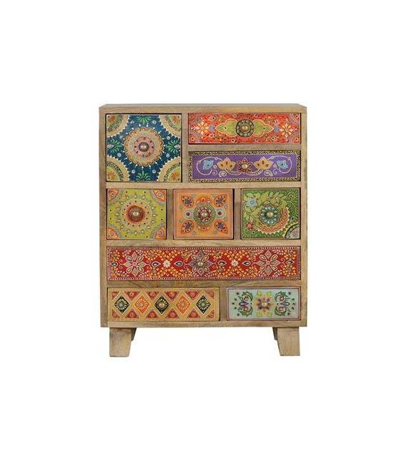 MESITA DE NOCHE GRANDE MADERA MANGO DETALLES PINTADOS A MANO