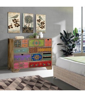 COMODA GRANDE MULTI CAJONES MADERA MANGO DETALLES PINTADOS A MANO