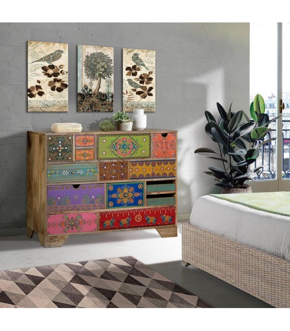 COMODA GRANDE MULTI CAJONES MADERA MANGO DETALLES PINTADOS A MANO