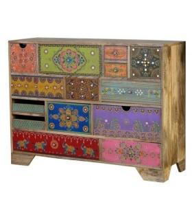 COMODA GRANDE MULTI CAJONES MADERA MANGO DETALLES PINTADOS A MANO