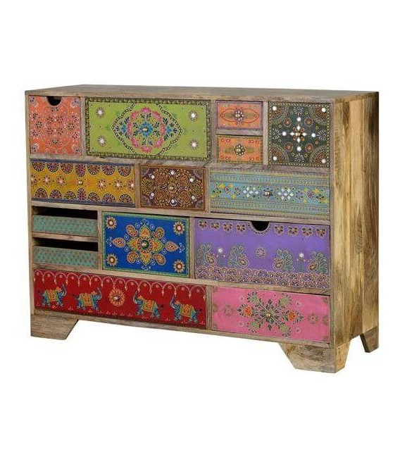 COMODA GRANDE MULTI CAJONES MADERA MANGO DETALLES PINTADOS A MANO
