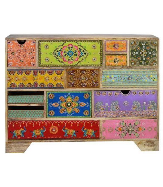 COMODA GRANDE MULTI CAJONES MADERA MANGO DETALLES PINTADOS A MANO