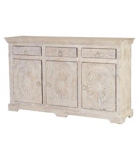 APARADOR MADERA DE MANGO TALLADA Y LAVADA EN BLANCO