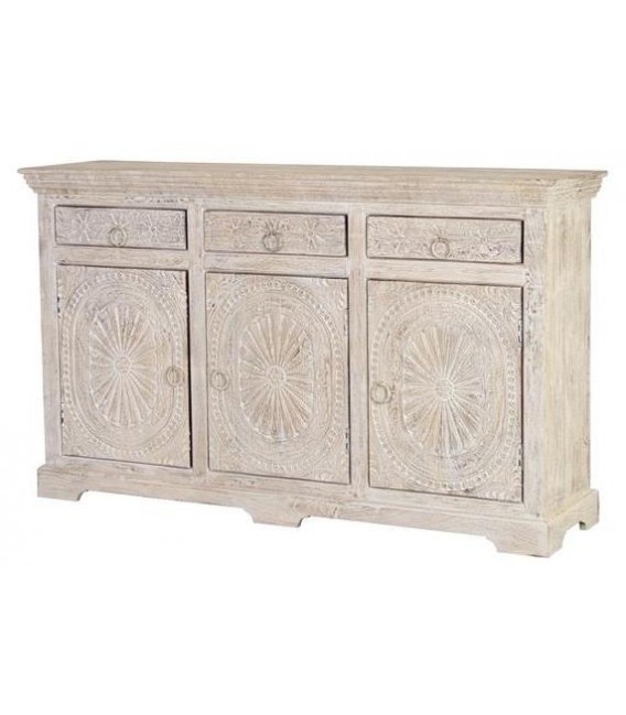 APARADOR MADERA DE MANGO TALLADA Y LAVADA EN BLANCO