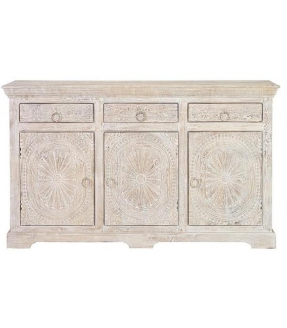 APARADOR MADERA DE MANGO TALLADA Y LAVADA EN BLANCO