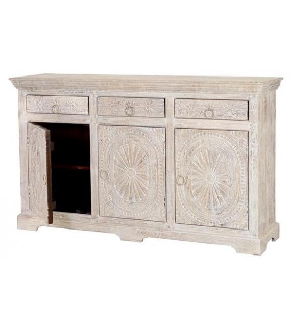 APARADOR MADERA DE MANGO TALLADA Y LAVADA EN BLANCO