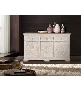 APARADOR MADERA DE MANGO TALLADA Y LAVADA EN BLANCO