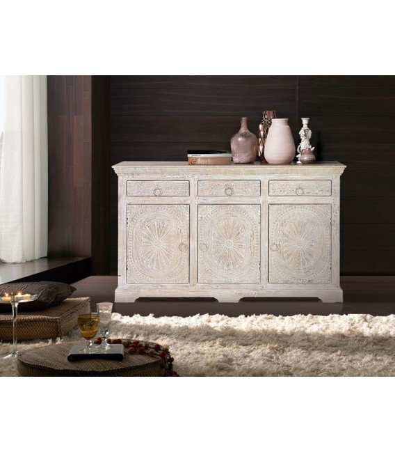 APARADOR MADERA DE MANGO TALLADA Y LAVADA EN BLANCO