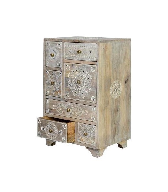 MESITA DE NOCHE 7 CAJONES ARTESANAL MADERA NATURAL DECORADA A MANO