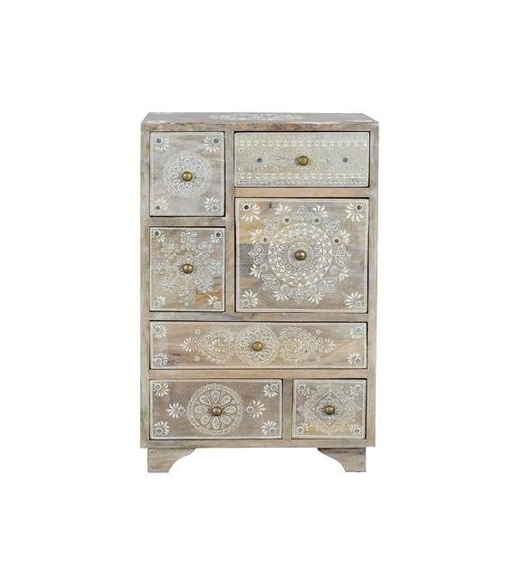 MESITA DE NOCHE 7 CAJONES ARTESANAL MADERA NATURAL DECORADA A MANO