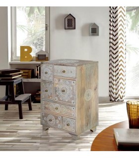 MESITA DE NOCHE 7 CAJONES ARTESANAL MADERA NATURAL DECORADA A MANO