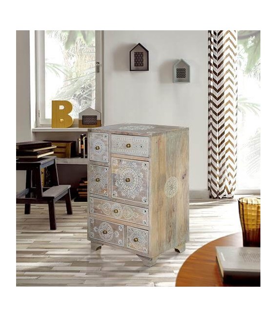 MESITA DE NOCHE 7 CAJONES ARTESANAL MADERA NATURAL DECORADA A MANO