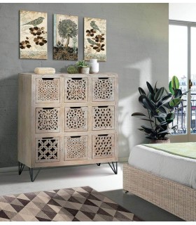 COMODA 9 CAJONES MADERA MANGO TALLADA LAVADA EN BLANCO MDMHOGAR