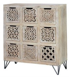 COMODA 9 CAJONES MADERA MANGO TALLADA LAVADA EN BLANCO MDMHOGAR