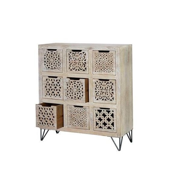COMODA 9 CAJONES MADERA MANGO TALLADA LAVADA EN BLANCO MDMHOGAR