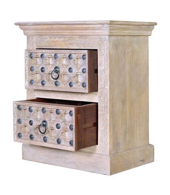 MESITA DE NOCHE 2 CAJONES MADERA MANGO TALLADA NATURAL MDMHOGAR