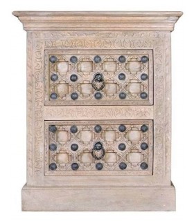 MESITA DE NOCHE 2 CAJONES MADERA MANGO TALLADA NATURAL MDMHOGAR