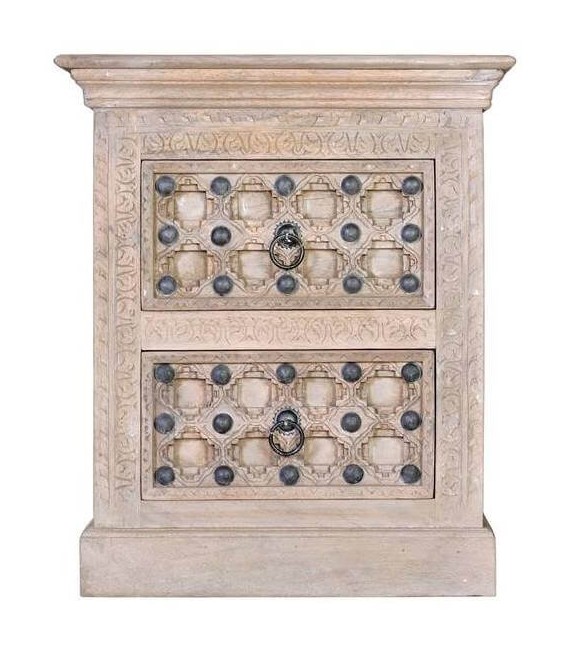 MESITA DE NOCHE 2 CAJONES MADERA MANGO TALLADA NATURAL MDMHOGAR