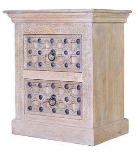 MESITA DE NOCHE 2 CAJONES MADERA MANGO TALLADA NATURAL MDMHOGAR