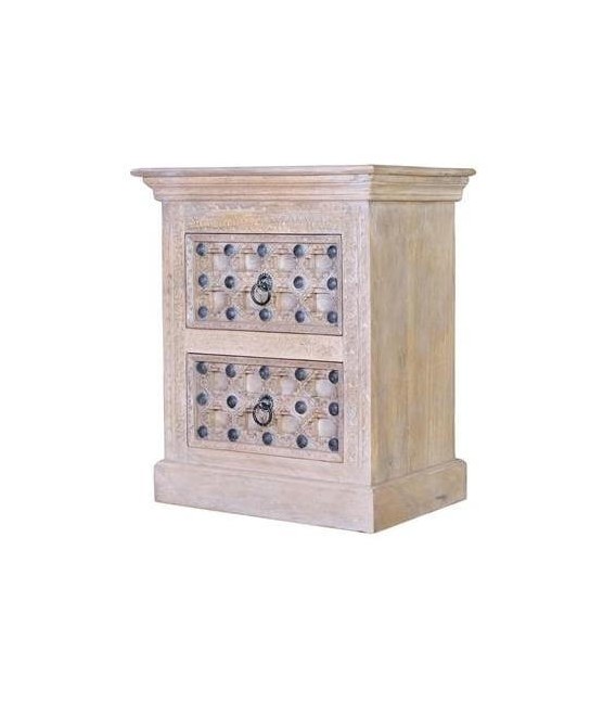 MESITA DE NOCHE 2 CAJONES MADERA MANGO TALLADA NATURAL MDMHOGAR