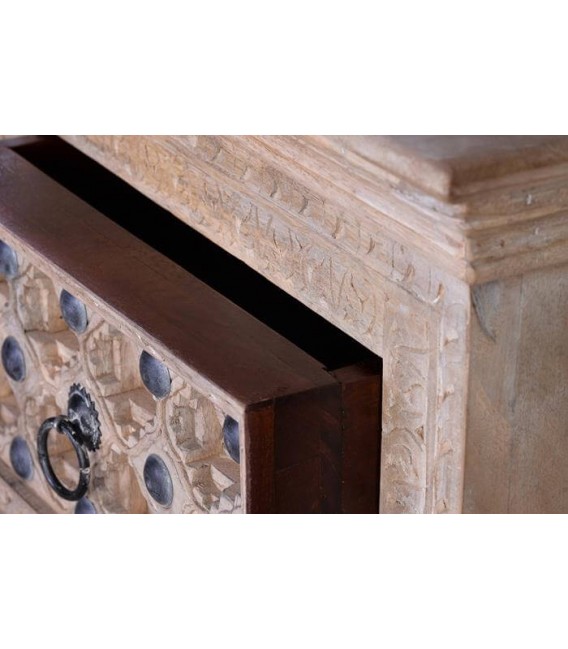 MESITA DE NOCHE 2 CAJONES MADERA MANGO TALLADA NATURAL MDMHOGAR